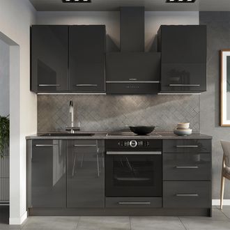 Vicco Cocina Para Solteros Fame-line, Antracita Alto Brillo/antracita, 190 Cm, Et M&aacute;rmol, Vicco