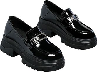 Generic Womens Black Platform Loafers Patent Leather Chunky Penny Loafer Casual Dressy Business Shoes with Buckle Lug Sole (Black,6)