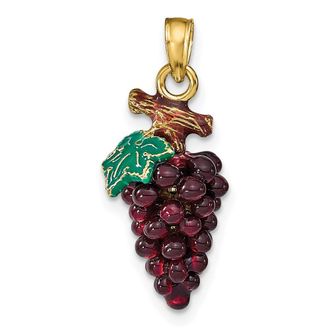 Diamond2Deal 14k Yellow Gold 3-D Purple and Green Enameled Grapes with Stem and Leaf Charm Pendant