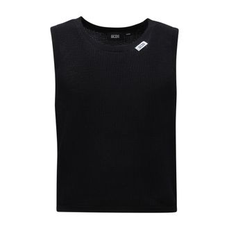 GCDS Sleeveless Tops, male, Black, S, Open Knit Tank Top in Black