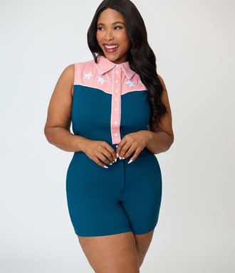 Unique Vintage Plus Size Rodeo Ready Romper in Green & Pink W/Embroidery at Nordstrom, Size 1X