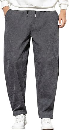Generic Corduroy Pants Loose Men, Solid Color Trousers with Drawstring Pocket Straight Leg Tracksuit Bottom Elastic Waist Casual Sweatpants Comfort Fashion Wi
