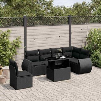 vidaXL Set De Sof&aacute;s De Jard&iacute;n 7 Pzas Con Cojines Rat&aacute;n Sint&eacute;tico Negro Vidaxl