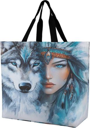 Generic Wolf And Beauty Indian Large Reusable Shopping Bag Lightweight Foldable Tote Bags Washable Shoulder Handbag