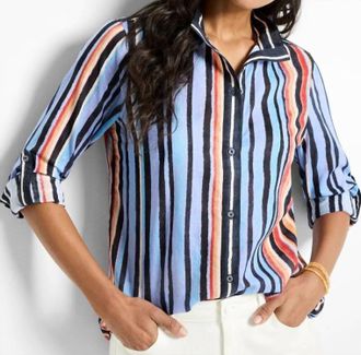 Nic+Zoe Painted Peninsula Stripe Blouse In Blue Multi