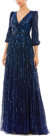 Mac Duggal Sequined Mesh V-Neck A-Line Gown