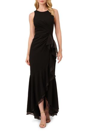 Adrianna Papell Ruffle Crepe Mermaid Gown in Black at Nordstrom, Size 10