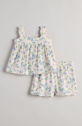 Nordstrom Cotton Mixed Print Top & Shorts Set in Pink Heaven Blueberry Floral at Nordstrom, Size 18M