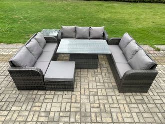 Fimous Patio Garden Dining Set Outdoor Rattan Furniture Lounge Sofa Height Adjustable Table With Side Table in Dark Grey