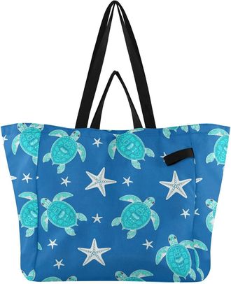 Generic Turtle Sea Starfish Blue print Reusable Canvas Tote Bag, Heavy Duty Grocery Shopping Bag with Large Capacity Hard Bottom Double Handles Work Groceries