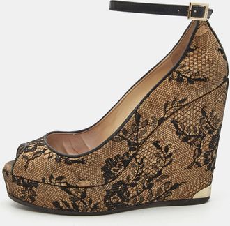 Jimmy Choo London Brown/black Cork And Lace Wedge Ankle Strap Pumps