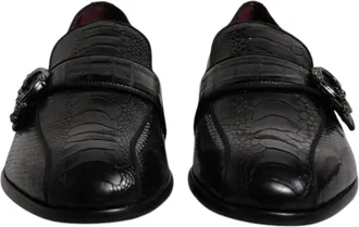 Dolce & Gabbana Black Exotic Leather DG Logo Loafers Formal Dress Mens Shoes