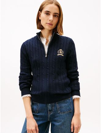 Tommy Hilfiger Womens Crest Logo Cable Knit Zip Cardigan - Navy - XS