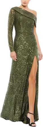 Mac Duggal Sequined Drop Shoulder Faux Wrap Gown