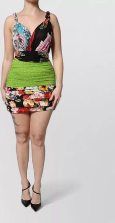 Dolce & Gabbana silk floral patchwork gathered v-neck sleeveless mini dress