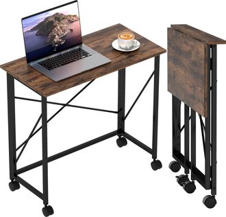 HOMCOM Folding Desk on Wheels - Writing Table for Home Office - Rustic Brown | TJ Hughes