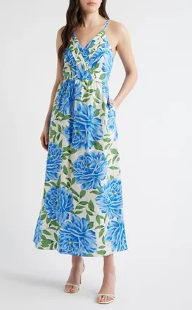CeCe by Cynthia Steffe Floral Cotton Midi Dress in Deep Marine at Nordstrom, Size X-Small