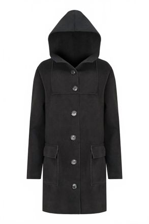 M Made in Italy Womens Woven Hooded Button Long Coat In Black