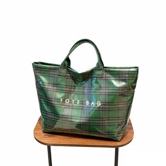 Generic Christmas Plaid PVC Tote Bag for Women Letters Print Tote Bag Plastic Handbag with Tops Handle (B)