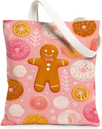 Generic Gingerbread Man Canvas Tote Bags, Sweet Dessert Pattern Reusable Grocery Bags, Winter Fun Lightweight Washable Shoulder Str, Peach, 13x15 Inch