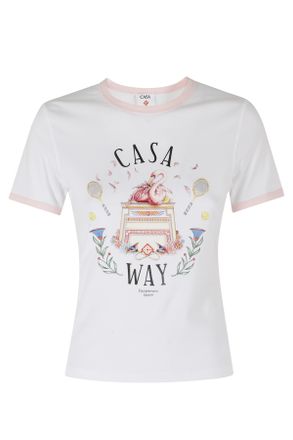 Casablanca White Pink Longline Ringer Graphic Print Organic Cotton T-Shirt