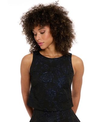 Muse Muse Crop Top Womens Black Blue Shimmery Floral Round Neck Sleeveless PAL31
