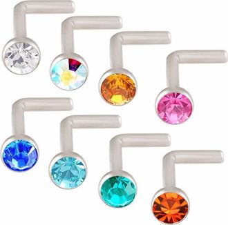 Generic 8Pcs Stainless Stel L Shape cz Gem Nose Bone Stud Piercing Rings Body Jewelry Retainers 20g Nice Processing Multicoloured