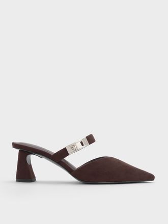 Charles & Keith Lando Faux Suede Pointed-Toe Metallic-Buckle Heeled Mules