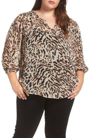 Wit & Wisdom Animal Print Split Neck Blouse in Tan Black at Nordstrom, Size 1X
