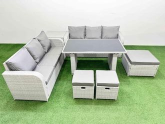 Fimous 9 Seater Rattan Outdoor Dining Table Set with Side Table 3 Stools in Light Grey