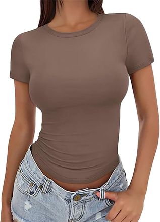 Generic Womens Tops Short Sleeve Tight Y2K Top Summer Basic Crop Tops Fitted Casual Round Neck Loose Fit T-Shirts Casual Stylish for Daily Wear Coffee