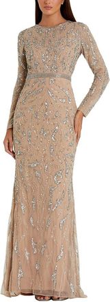 Mac Duggal Beaded Long Sleeve High Neck Column Gown