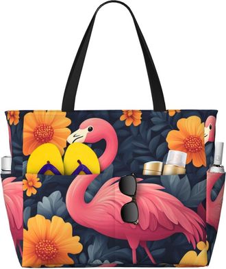 Generic Pink Flamingo Print Large Beach Bag Foldable Travel Shoulder Tote Bag With Pocket For Weekender Pool Vacation