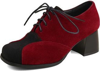 Generic Womens Block Heel Casual Pumps Lace Up Velvet Square Toe Colorblock Vintage Oxfords Shoes (7.5,Red)