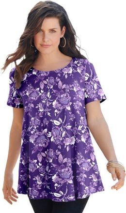 Roaman's Plus Size Ultimate Cotton Crewneck Short Sleeve Swing Tee in Violet Watercolor Rose at Nordstrom, Size Medium