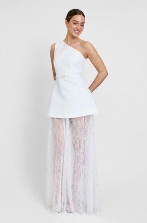Six Stories One Shoulder Satin Lace Skirt Dress in White at Nordstrom, Size 8
