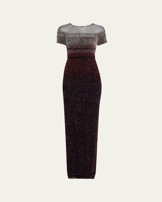 Pamella Roland Short-Sleeve Signature Sequined Column Gown