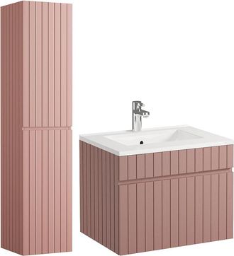 Vente-Unique Mueble de ba&ntilde;o suspendido estriado rosa con lavabo encastrado y columna - 60 cm - SATARA