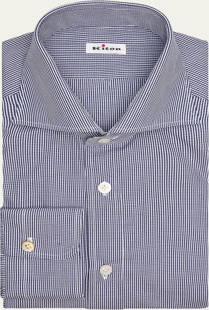 Kiton Mens Micro-Gingham Spread Collar Dress Shirt