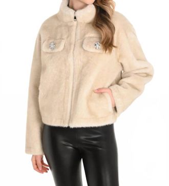 Frank Lyman Design Fia Faux Fur Jacket With Rhinestone Embellishments In Champagne