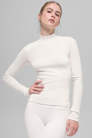 Alo | Ribbed Mesmerize Mock Neck Long Sleeve Top in Ivory White, Size: Medium