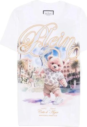 Philipp Plein Teddybeer Tennis Print T-shirt - Heren - T-shirts - Wit - L - Katoen - Tops