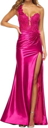 Sherri Hill One Shoulder Sheer V-Neck Prom Dress In Magenta