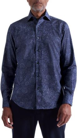 Bugatchi Alvin Shaped Fit Leaf Print Button-Up Shirt in Night Blue at Nordstrom, Size Xx-Large