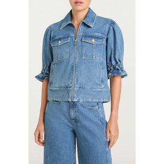 Cinq &agrave; Sept Holly Elbow Sleeve Zip Denim Jacket in Blue Mirage at Nordstrom, Size Xx-Small