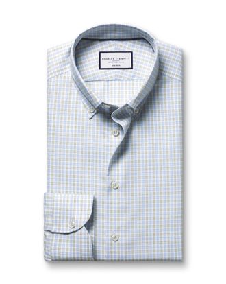 CHARLES TYRWHITT Non-Iron Stretch Oxford Check Cotton Shirt - Green Single Cuff Size 15/33 by Charles Tyrwhitt