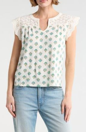 Lucky Brand Cap Sleeve Mixed Media Top in Cream Floral at Nordstrom Rack, Size X-Small