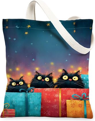 Generic Fanciful Cat Canvas Tote Bags, Fun Holiday Animal Design Reusable Grocery Bags, Festive Lightweight Washable Shoulder Strap, Black, 13x15 Inch