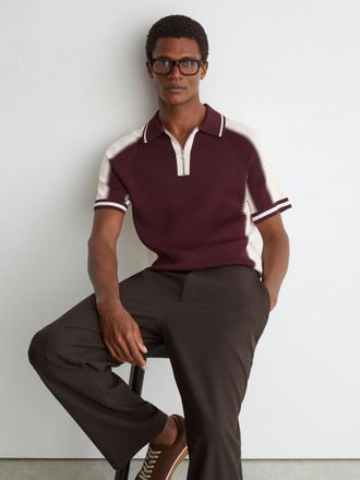 Reiss Mens Bordeaux & Ecru Colour-block Half-zip Knitted Polo Shirt, Xxl