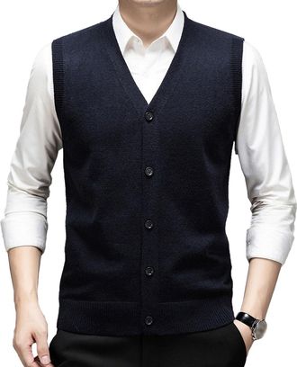 Generic Wool Blend Cardigan Vest Men Button Up Sweater V Neck Sleeveless Pullover Knitwear Business Casual Warm Layer Navy Blue X-Large